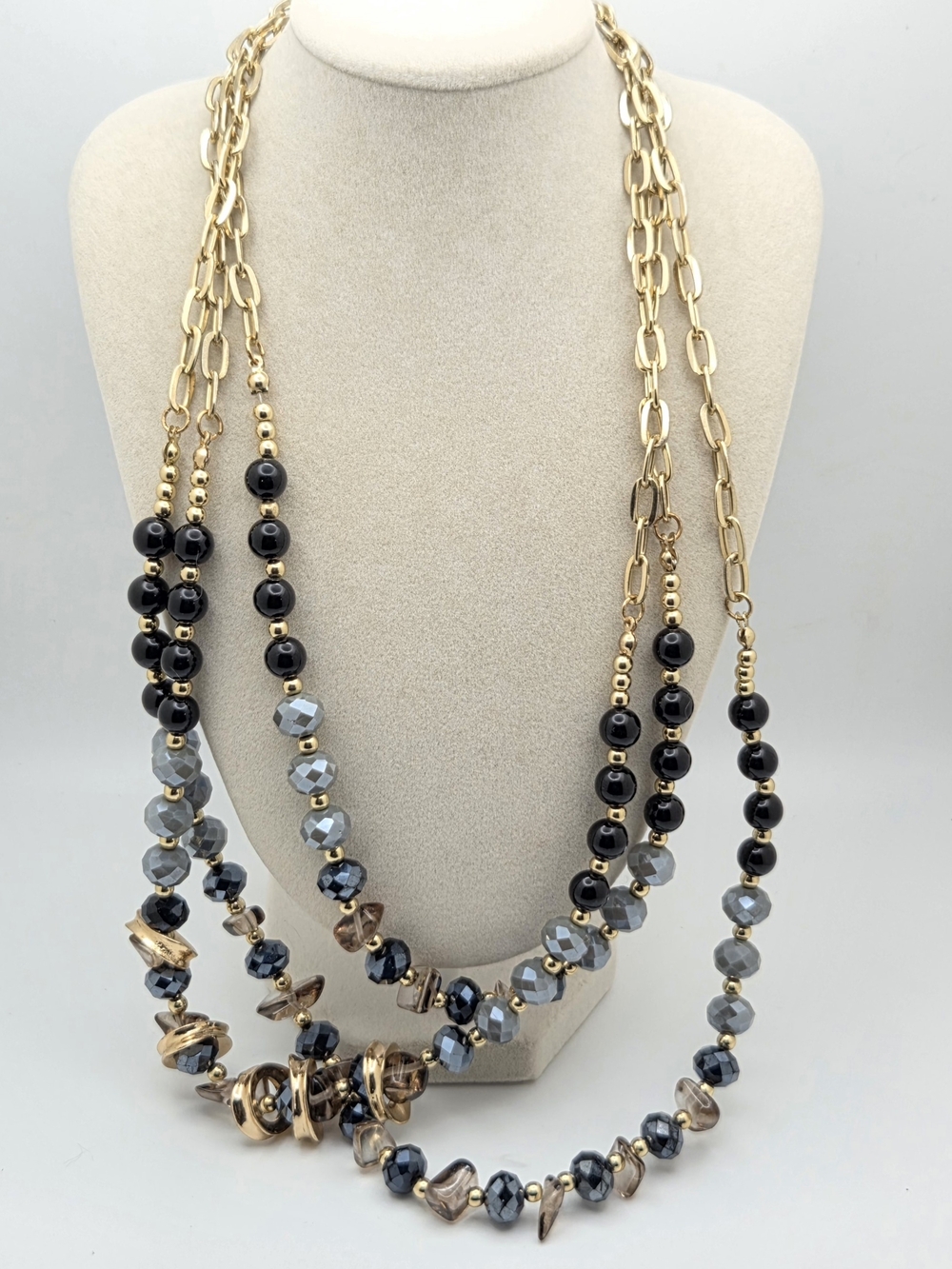 Multi-Strand Statement Necklace | Black, Grey & Gold Tone
